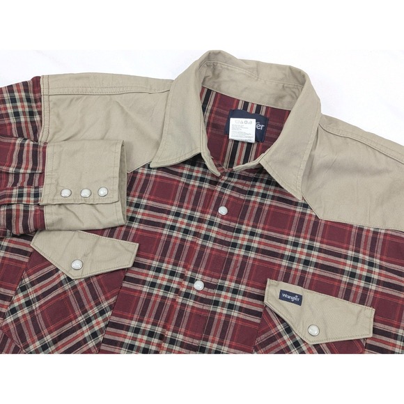 Wrangler Other - Vintage Wrangler‎ Shirt Mens 2X Red Plaid Tan Brushpopper Pearl Snap Western
